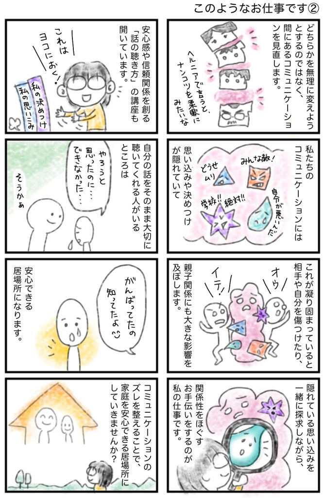 4コマ漫画・コミュニケーションを見直して、関係性をほぐすお手伝いをしています。